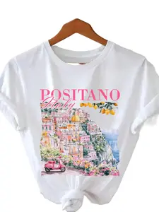 Women's Positano Italy Print Round Neck Tee, Casual Floral Graphic Short Sleeve T-Shirt for Spring & Fall, Women's Top for Daily Wear, Summer, Casual Everyday Wear