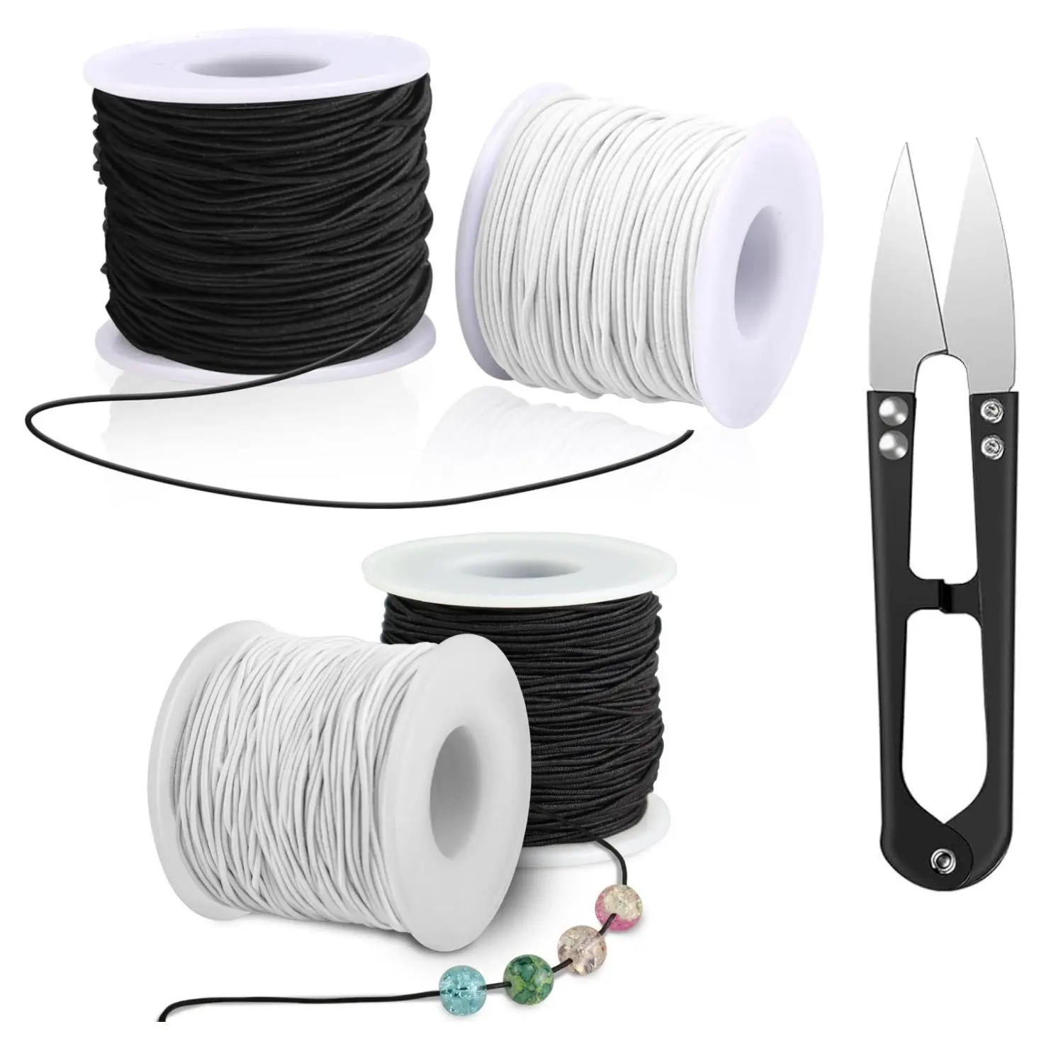 1mm Sturdy Stretchy Elastic Cord (2 Black, 2 White) - Nylon & Polypropylene Beaded String with Interchangeable Beads for Jewelry Making, DIY Crafts - 200m/656ft Home Improvement Beading Accessory Thread, 1 Mm