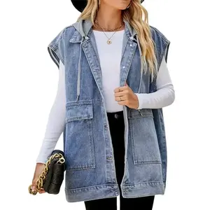 Women’s Oversized Denim Jean Vest – Sleeveless, Button-Front, Mid-Length Denim Jacket