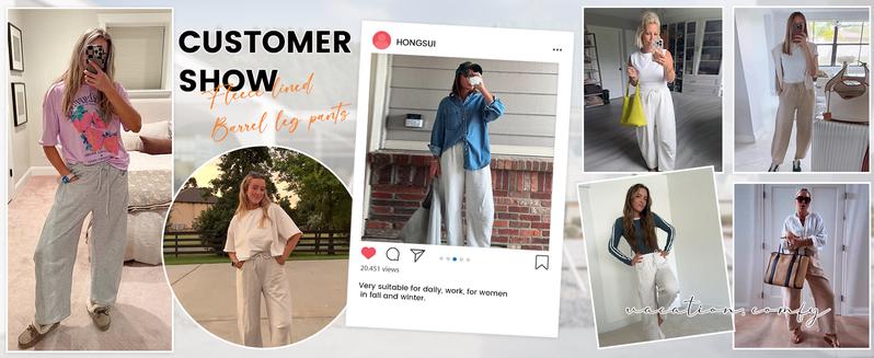 Tanming Women's Barrel Leg Pants Basic or Fleece Lined Elasticated Waist and Soft Wide Leg Pants with Pockets Casual All-Season Sweatpants