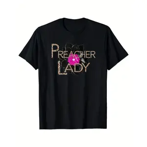 Women'S Preacher Lady Leopard Print T-Shirt - Black & Pink Graphic Short Sleeve Round Neck Casual Top Church Minister Apparel All-Season Fit for Religious Events & Casual Attire Stylish S [Same Style for Men And Women 2026 Summer Short-Sleeved Print