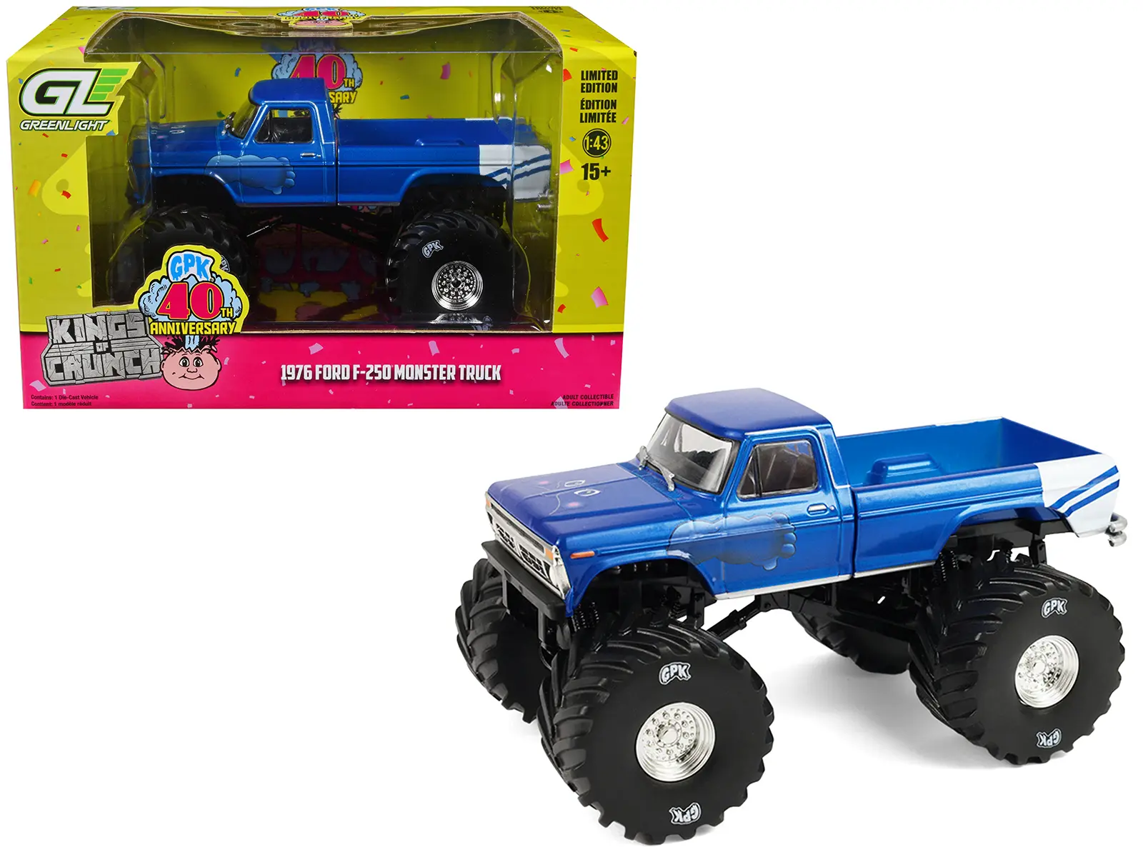 1976 Ford F-250 Monster Truck "Garbage Pail Kids 40th Anniversary" Blue Met with Graphics 1/43 Diecast Model Car by Greenlight