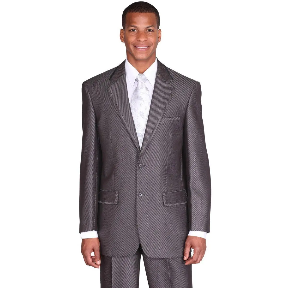 Mens 2 Button Diagonal Shiny Sharkskin Suit in Charcoal Grey