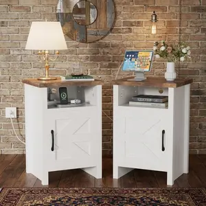 Farmhouse Modern Nightstand Rustic Barn Door Design Bedside Table With Open Storage Shelf Wooden Multifunctional End Side Table For Bedroom Home Living Room Decor Furniture
