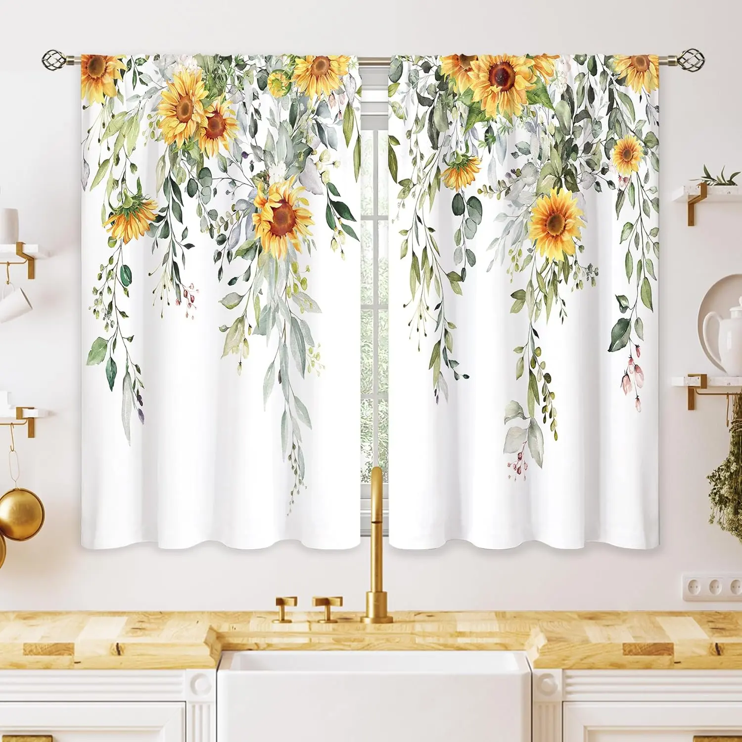 27.9x39 in Vintage Boho Art Print Yellow Colorful Floral Tier Drapes - Eucalyptus Leaf & Sunflower Botanical Sage Green Short Curtains for Kitchen, Bathroom Small Windows, Yellow Curtains, Colorful Curtains