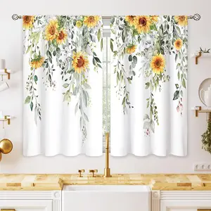 27.9x39 in Floral Tier Drapes, Eucalyptus Leaf & Yellow Sunflower Botanical Curtains, Sage Green Short Window Treatments for Kitchen & Bathroom Small Windows