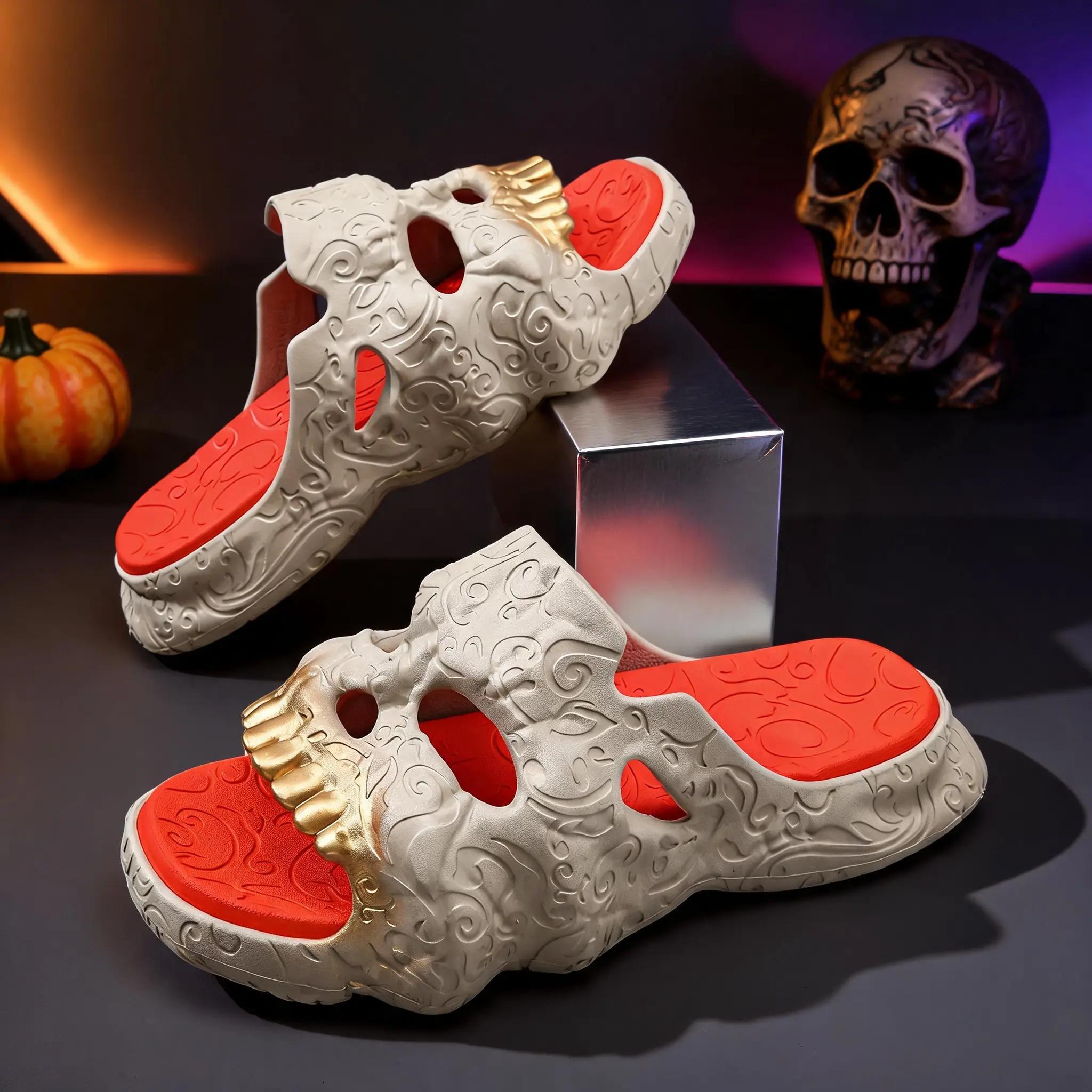 Men's Gothic Skull Print Slides - Lightweight EVA Slip-On Shoe with Non-Slip Sole, Cushioned Footwear for Summer Beach & Indoor-Outdoor Use, Round Toe, Eva Upper
