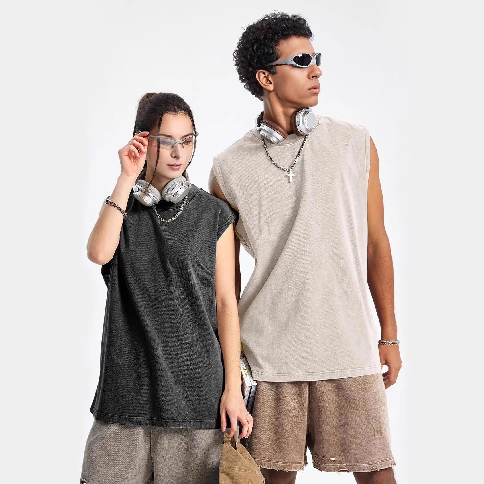 230g pure cotton European and American high street vintage washed distressed sleeveless vest men's casual loose tank top t-shirt