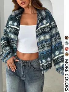 Casual Loose Printed Vintage Plush Fashion Outerwear, Jacket For Women, Geometric Autumn Winter Warm Zipper Coat