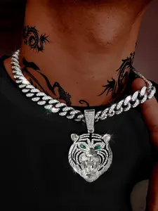 Tiger Head Pendant Necklace, Eyes Design, Punk Iced Out Bling Cuban Chain Jewelry, Unisex Hip-Hop Animal Accessory