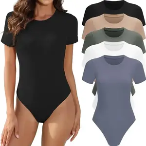 5 Pack Crewneck Body Suits for Womens Short Sleeve Round Neck Comfort Casual Stretchy Basic T Shirt Bodysuit Tops Minimalist Womenswear(Sheet)