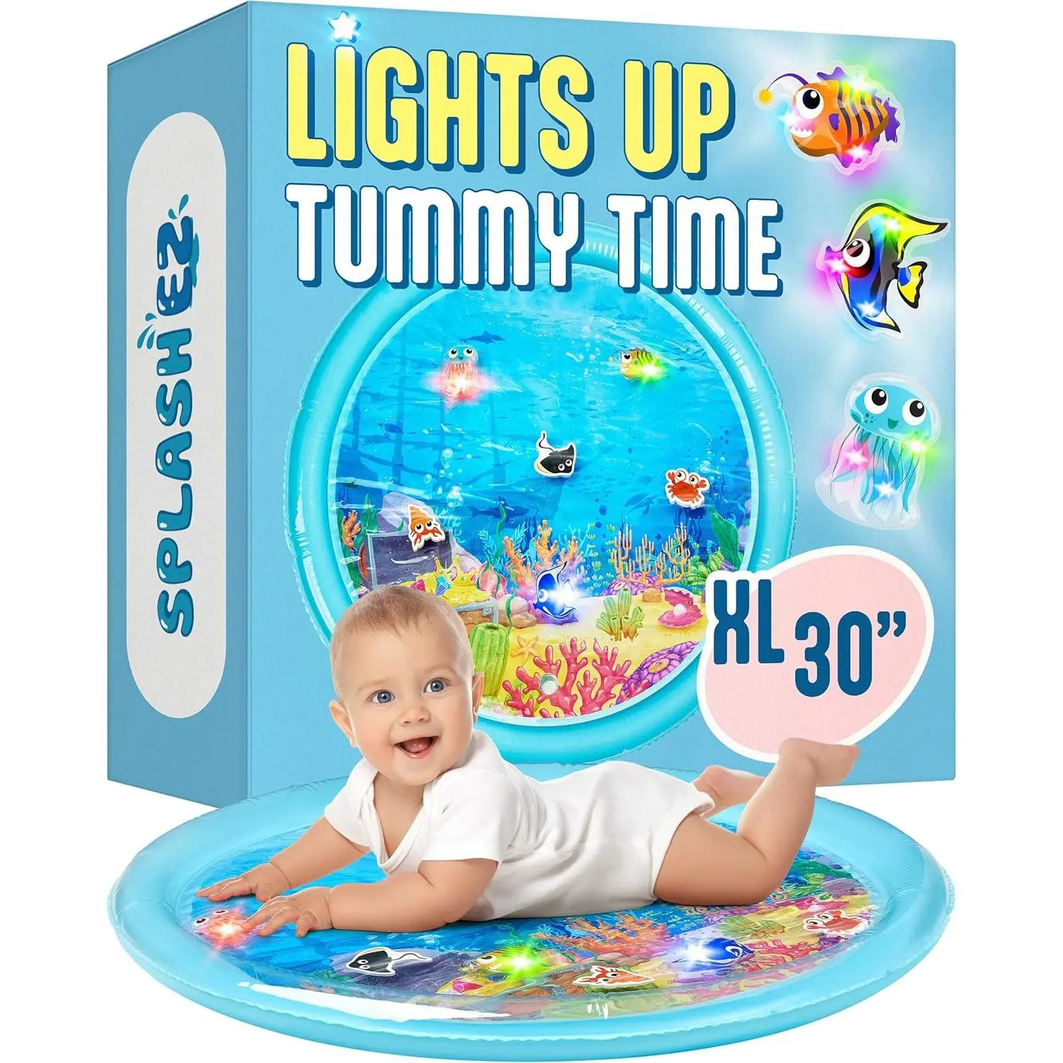Lights Up Tummy Time Water Mat for Babies, 30" X-Large Baby Water Mat Tummy Time for Sensory Play with LED Glowing Fishes, Inflatable Fun Play Pad for Infants & Toddlers 3 to 36 mo