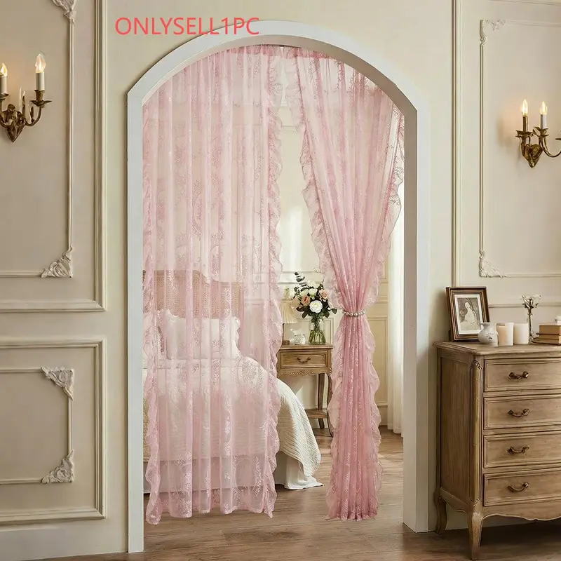French Country Lace Sheer Drapes, Semi-Transparent Window Curtains for Living Room Bedroom Balcony, Home Decoration Curtain, Romantic Leaf Edge Design
