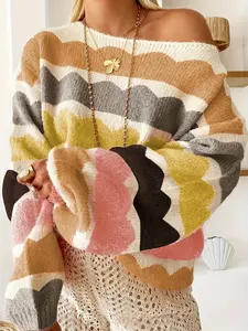 Autumn Winter New Fashion Colorblock Wave Pattern Off-Shoulder Sweater, Casual Loose-Fitting Knitwear for Women, Stylish & Comfortable Design