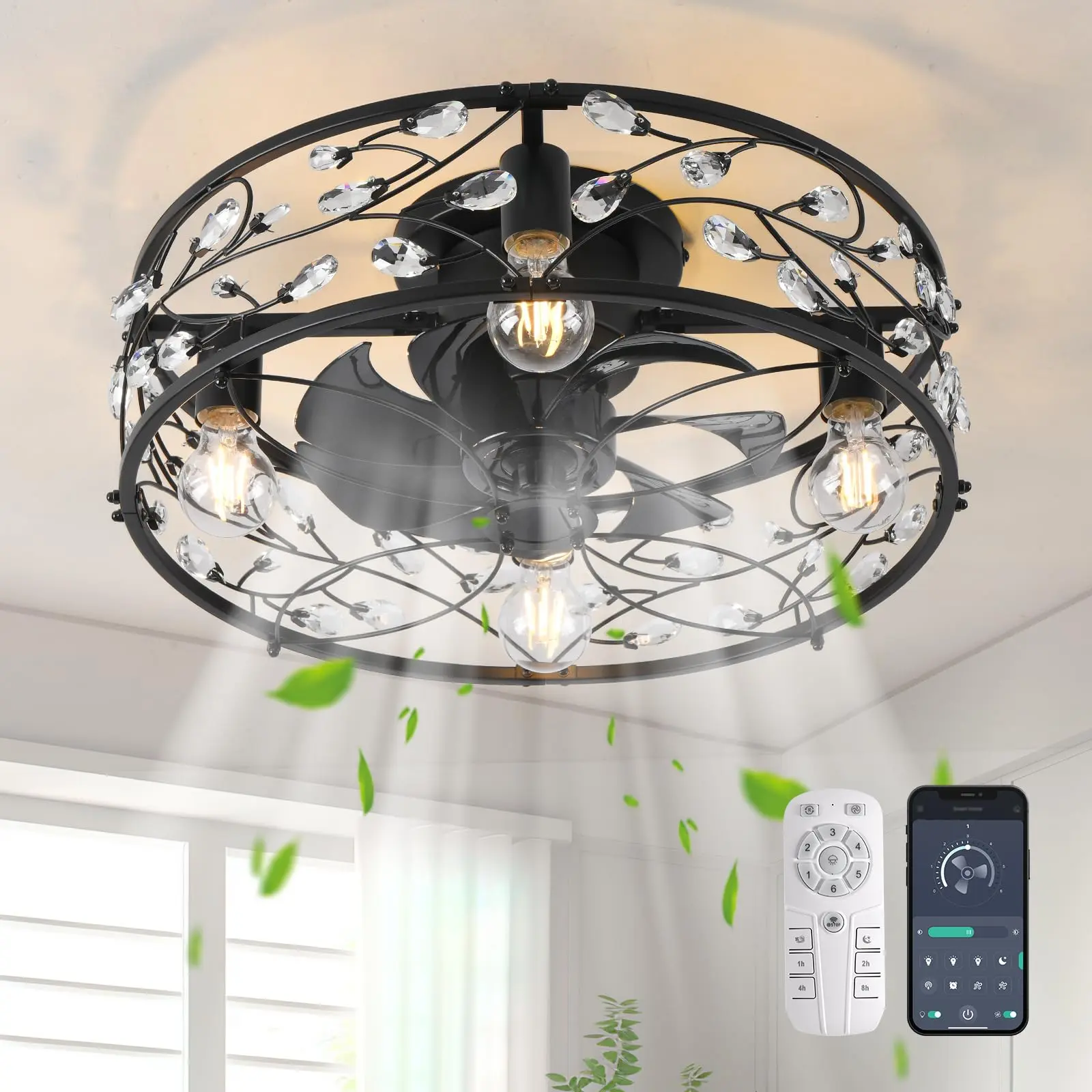 20in Caged Ceiling Fan with Light, Crystal Rustic Ceiling Fans with Remote, Bladeless Black Ceilingfan, Flush Mount Fanlights for Kitchen Bedroom Decorative Lighting