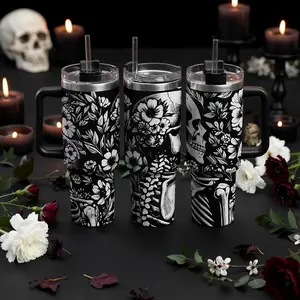 Skull Flowers 40oz Stainless Steel Insulated Tumbler, Laser Engraved Full Wrap Design, Gothic Floral Travel Cup