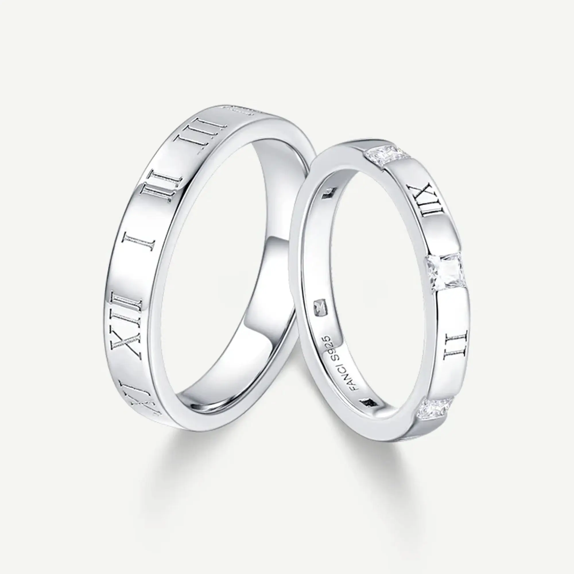 Promise Rings for Couples, His and Hers Minimalist 925 Sterling Silver Bands with Engraved Roman Numerals and Cubic Zirconia, Promise Ring, Men's Promise Rings