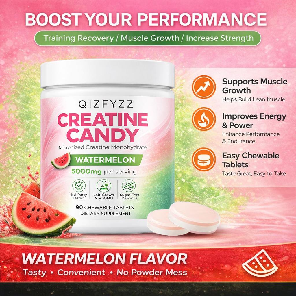 Creatine Chews 5000mg – Watermelon Flavor | Micronized Creatine Monohydrate, 90 Chewable Tablets | Sugar-Free, 3rd-Party Tested | Energy, Strength & Workout Performance | No Mixing Required