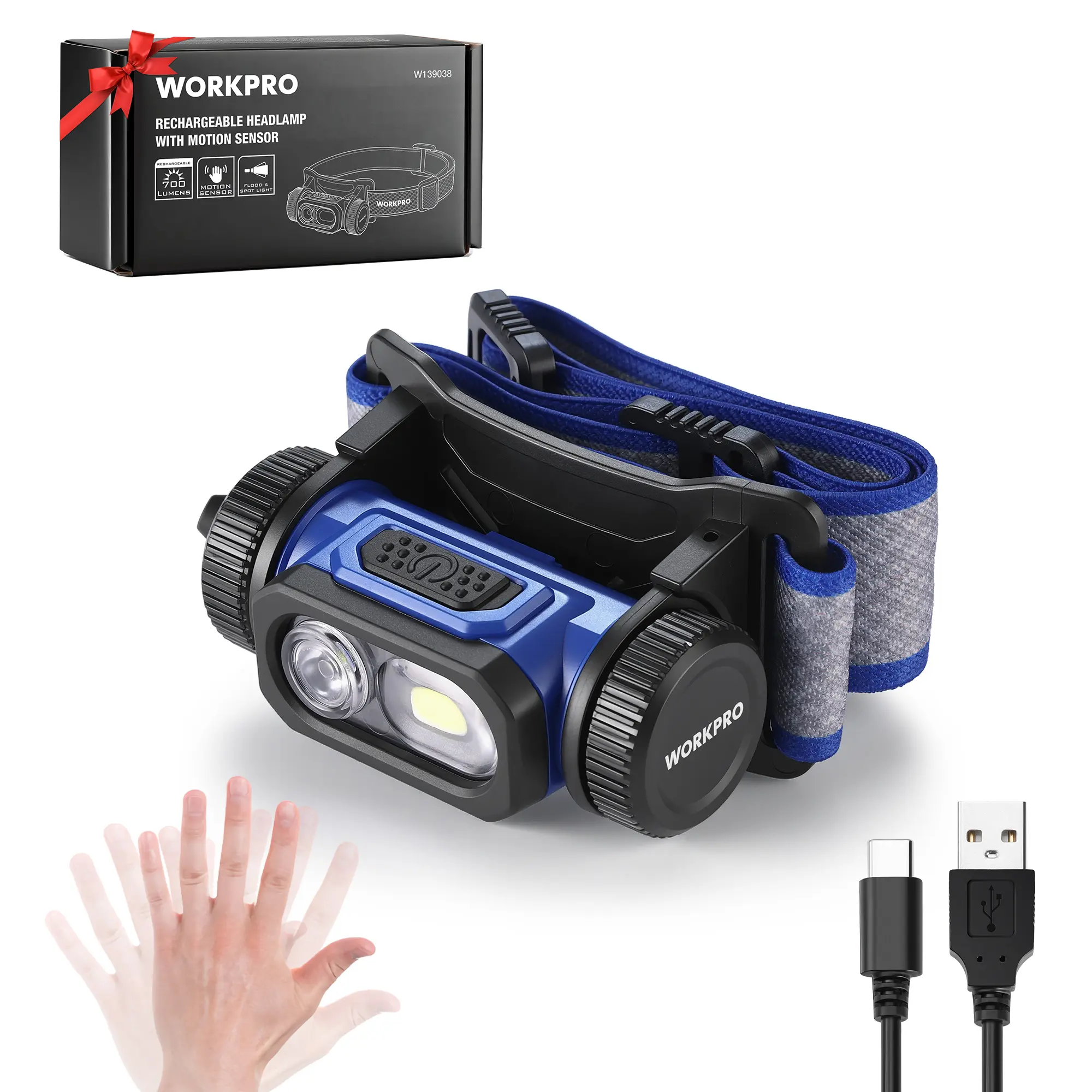 WORKPRO Rechargeable Work Headlamp, 700LM LED Head Lamp with Motion Sensor, 180° Adjustable Angle & Long Runtime, Memory Function for Mechanic, Repair, Construction and Jobsite