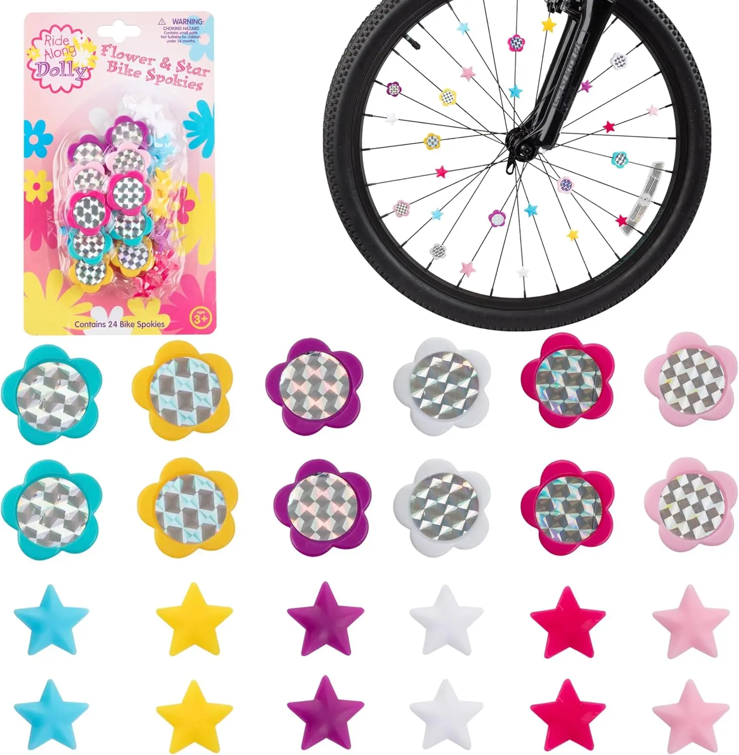 24 Pcs Bike Spokies Flower and Star Wheel Attachments – Colorful Easy Snap-On Bicycle Spoke Decorations for Kids, Reflective Bike Accessories - Fun Gift Ideas
