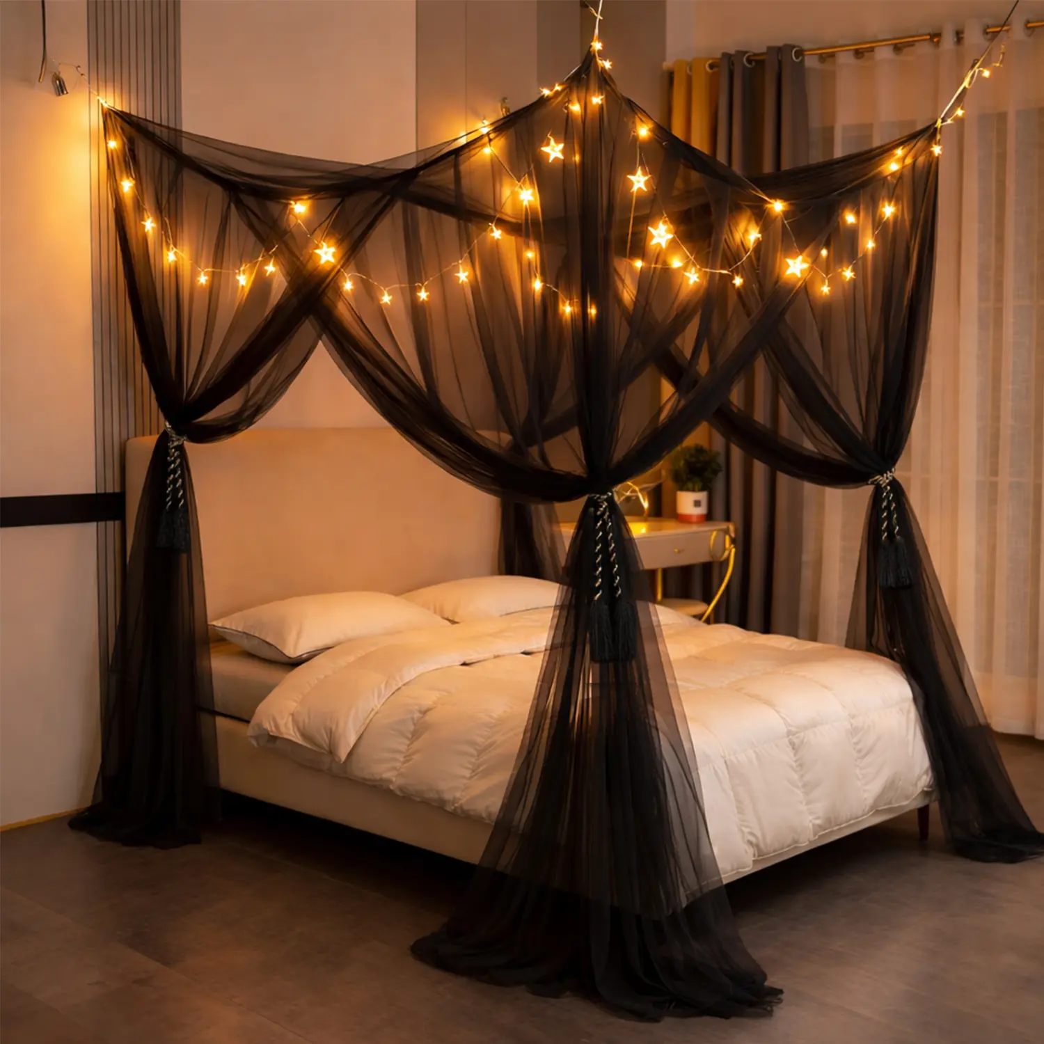 Rectangle 4-Door Bed Canopy with LED Star Lights, Double-Layer Curtains, Magnetic Close, Mosquito Netting Sides, Full Protection for Queen & King Beds, Princess Girls’ Bedroom Decor (Canopy Filter Mosquito Nets)