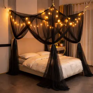 4 Door Mosquito Net Bed Canopy with LED Star Lights, Full Protection for Queen & King Beds twin princess girl golf Double Layer Curtain magnetic blam ket vintage bell tent beach room pop easy backyard popup luminous size Mesh Netting Sides