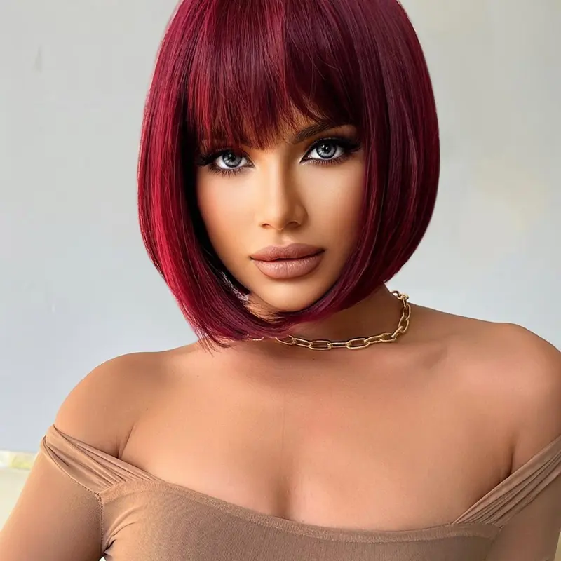 12 Inch Burgundy Short Straight Wigs for Women, Gorgeous Wigs with Bangs, Synthetic Wigs for Party, Daily Use, Burgundy Short Straight Bob Glueless Wig for Women Valentine's Day Outfit