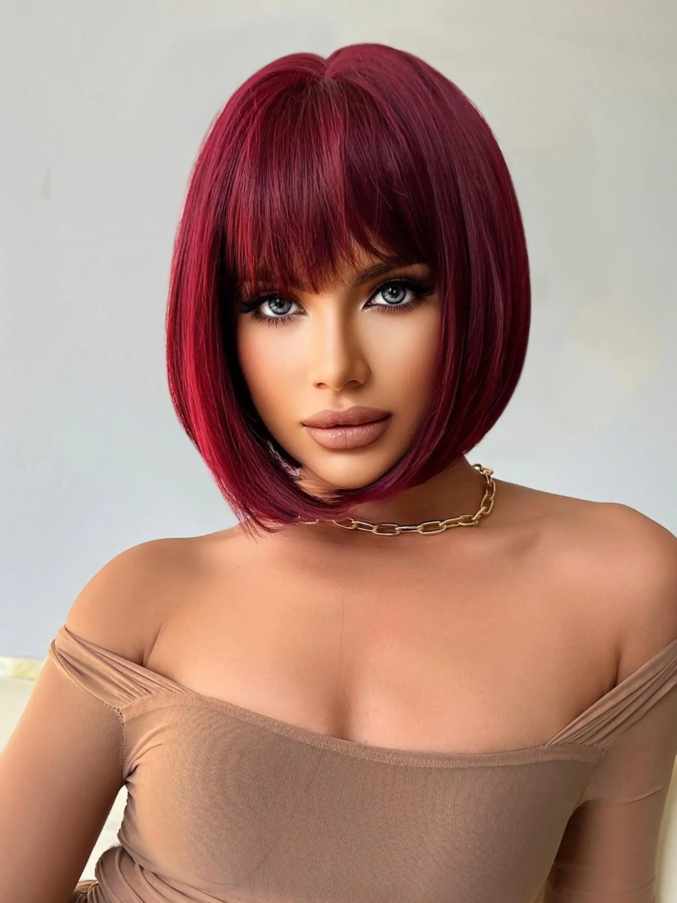 12 Inch Burgundy Short Straight Wigs for Women, Gorgeous Wigs with Bangs, Synthetic Wigs for Party, Daily Use, Burgundy Short Straight Bob Glueless Wi