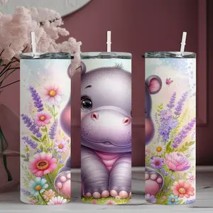 20oz stainless steel water bottle with straw, Cute little hippo sitting in the flowers pattern skinny tumbler, suitable for fitness, travel, driving, and daily use at home. A great gift for family and friends | 1pc