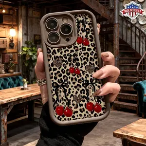 Trendy Leopard Cherry Bow Heart Aesthetic Pattern Case for iPhone 17 16 15 14 Pro Max 13 12 11 XR XS Plus Air Slim Shockproof Anti Drop Protective TPU Cover
