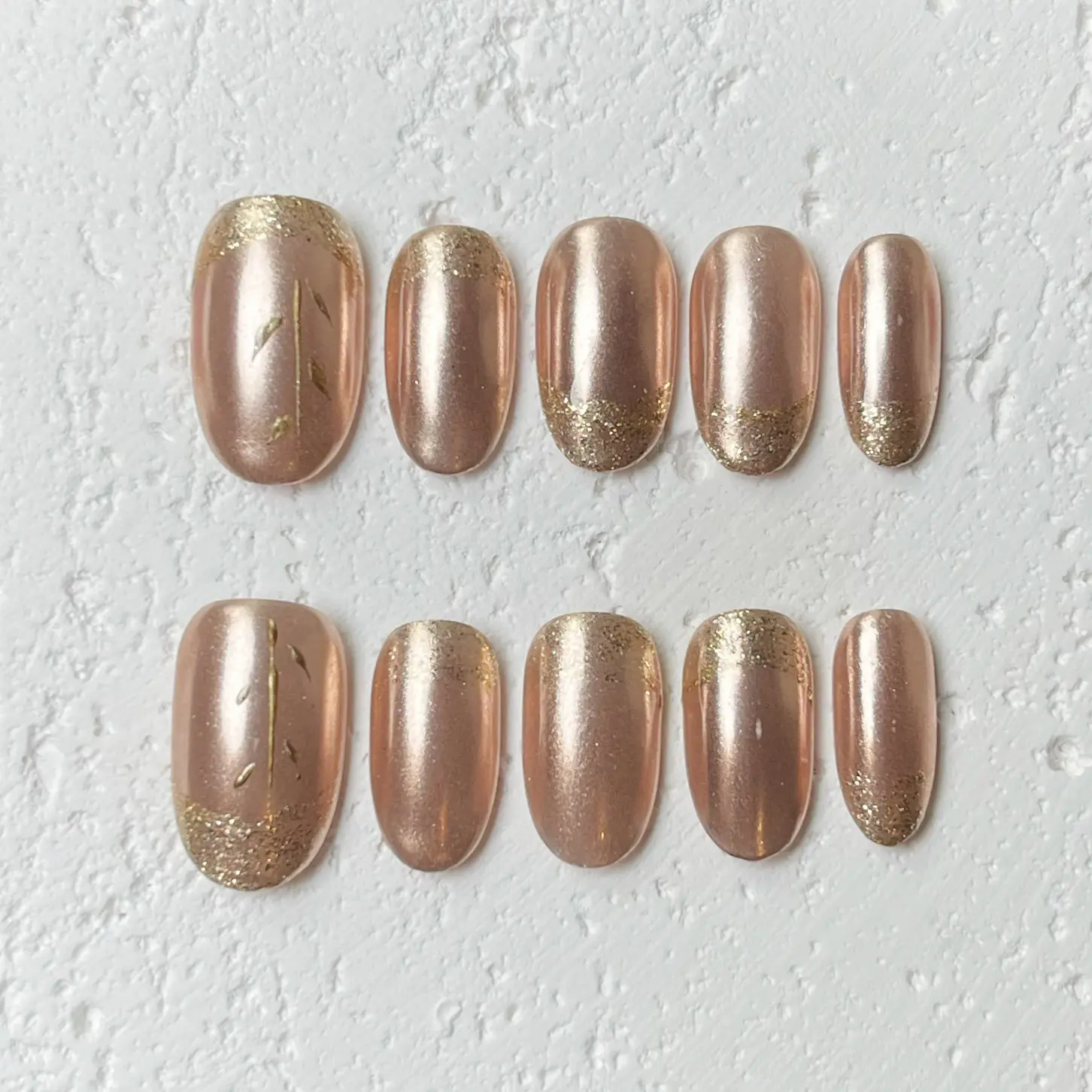 [Golden Veil] Short Oval Handmade Press on Nails, Fake Nails with Nail tool kit with Jelly Stickers, Reusable, Durable