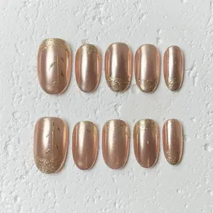 [Golden Veil] Short Oval Handmade Press on Nails, Fake Nails with Nail tool kit with Jelly Stickers, Reusable, Durable