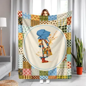 Vintage Prairie Girl Patchwork Throw Blanket - Multicolor Retro Quilt Print Flannel, Cozy Soft Design with Classic Blue Bonnet Figure & Patchwork Border, Ideal Gift for Retro Enthusiasts