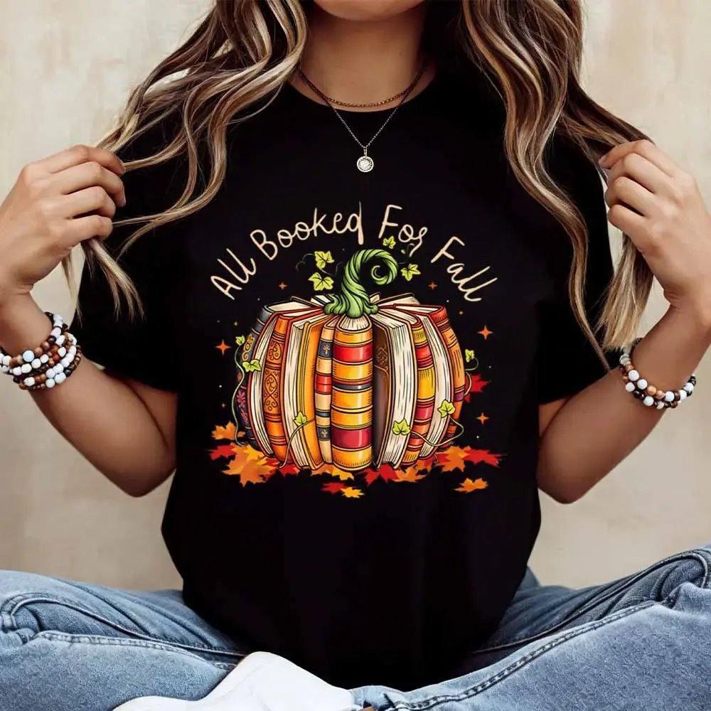 All Booked For Fall Pumpkin Books Print T Shirt Women Casual Short Sleeve Top Autumn Theme Graphic Tee