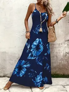 Elegant Floral Print Boho Flowy Long Dress, Navy Thin Strap Maxi Dress, Women's Breathable Casual Beachwear, Stylish Summer