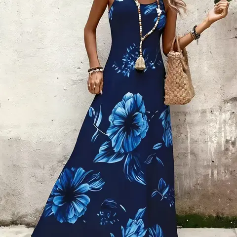 Elegant Floral Print Boho Bohemian Flowy Long Dress, Boho Fashion Dress, Navy Thin Strap Sleeveless Maxi Dress, Women's Breathable Lightweight Casual Beachwear, Stylish Chic Summer