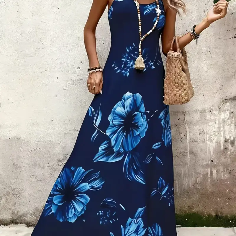 Elegant Floral Print Boho Bohemian Flowy Long Dress, Boho Fashion Dress, Navy Thin Strap Sleeveless Maxi Dress, Women's Breathable Lightweight Casual Beachwear, Stylish Chic Summer
