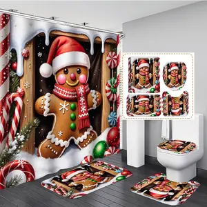 1/3/4PCS CHRISTMAS STYLED GINGERBREAD MAN WITH CANDY DECORATIONS Shower Curtain Set with Rugs, Non Slip Bath Mat, U-Shape Carpet, Toilet Lid Cover, Polyester Fabric Bathtub Curtain Accessories, 12 Hooks, Home Bathroom Festival Decor
