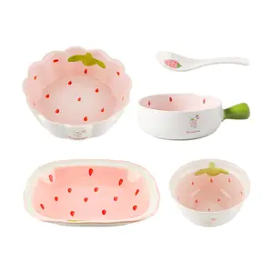 KAWASIMAYA Strawberry Dinnerware Set 5 Pieces Salad Bowl Soup Spoon Rice Bowl Wave Plate Handle Bowl