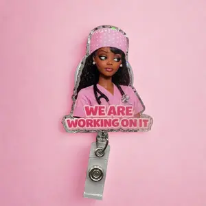 Funny We Are Working On It Sparkly Retractable Badge Reel Cute Acrylic ID Holder For Work Besties Nurses Healthcare Coworker Team Gift Office Supplies Removable Cardholder