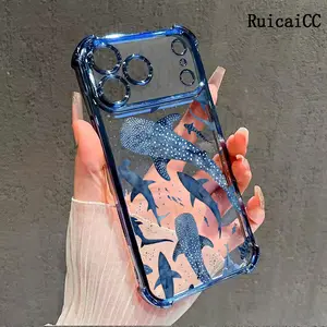 Phone Case for iPhone 17 Pro Max 16 15 14 Plus 13 12 11 Air Blue Watercolor Shark Ocean pattern Full Body Protection Shockproof Electroplating TPU Cover Cellphone Protective Casing Aesthetic Smartphone