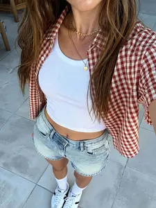 Women's Casual High Street Vintage Plaid Woven Short Sleeve Shirt, Stylish Ladies' Fashion Top, Perfect for Daily Wear