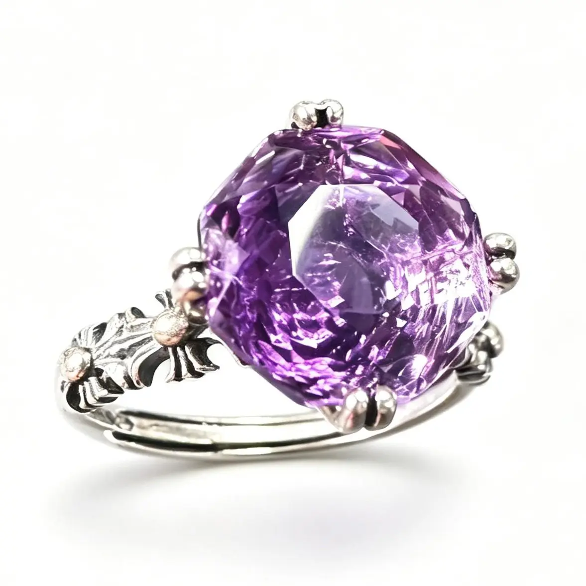 Vintage 925 Sterling Silver Amethyst Ring 12.1mm Cushion Cut Adjustable | Natural Amethyst Gothic Floral Statement crystal Ring