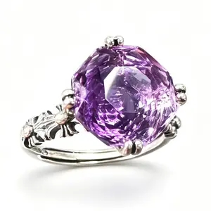 Vintage 925 Sterling Silver Amethyst Ring 12.1mm Cushion Cut Adjustable | Natural Amethyst Gothic Floral Statement crystal Ring