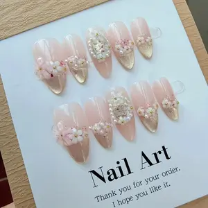 10pcs high-end Pink cat eyes, embellished with flowers and pearls handmade fake nails, Teenage princess style nail patche, Nail Art, Nail Design, Medium Length, Almond Shape, Nail Decoration, Glossy Finish, Handmade Quality, Floral Embellishments