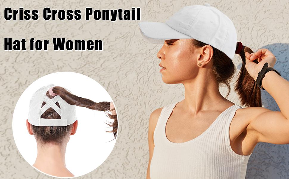 Criss Cross Ponytail Cap for Women - Adjustable High Bun Baseball Hat, UPF50+ Sun Protection, Washed Cotton