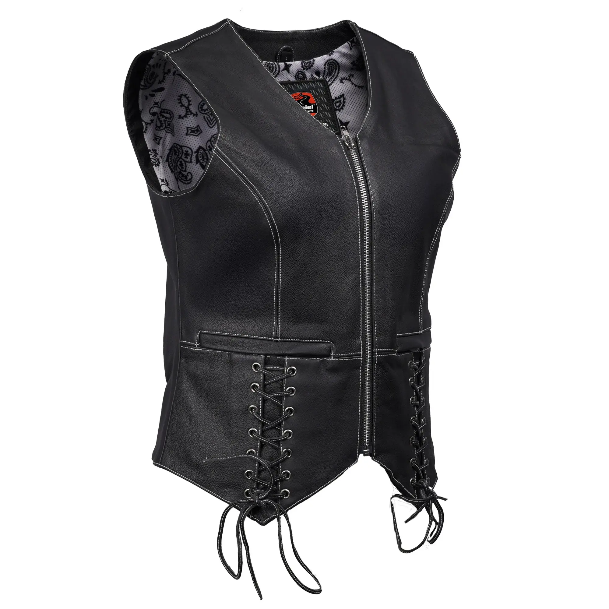 DANIEL SMART Night Edge™ Women's Leather Motorcycle Vest - 0.9mm-1.0mm Soft Premium Cowhide, White Stitching, Leather Laces, Concealed Carry Pockets, Black, XS-5XL, Biker Style, Laced Riding, Moto, Biker Style Vests, Laced Riding Vests