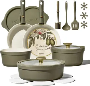 21pcs Ceramic Cookware Set with Detachable Handles, Pots and Pans Set Non Stick, RV Kitchen Cooking Pot and Pan, Dishwasher Safe, Non-toxic Induction Cookware PFAS and PFOA Free, Olive Green Glass