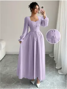 Women's Light Chic Elegant Long Sleeve Fashion Ruffle High Waist A-Line Dress, Solid Pattern, All Seasons, Casual Wear