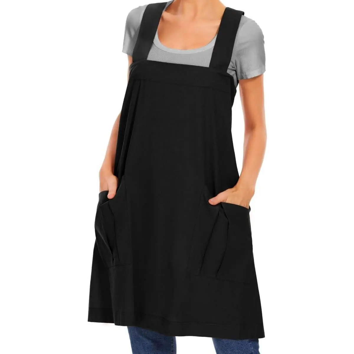 No-Tie Cross Back Apron Dress with Pockets, Comfortable Loose Fit Cooking Apron for Women, Ideal for Baking, Gardening and Crafting